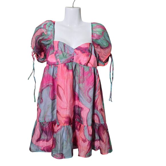 Amanda Uprichard L Women's Puff Sleeve Min Dress Sheer Seike Style Babydoll Boho - Picture 3 of 12